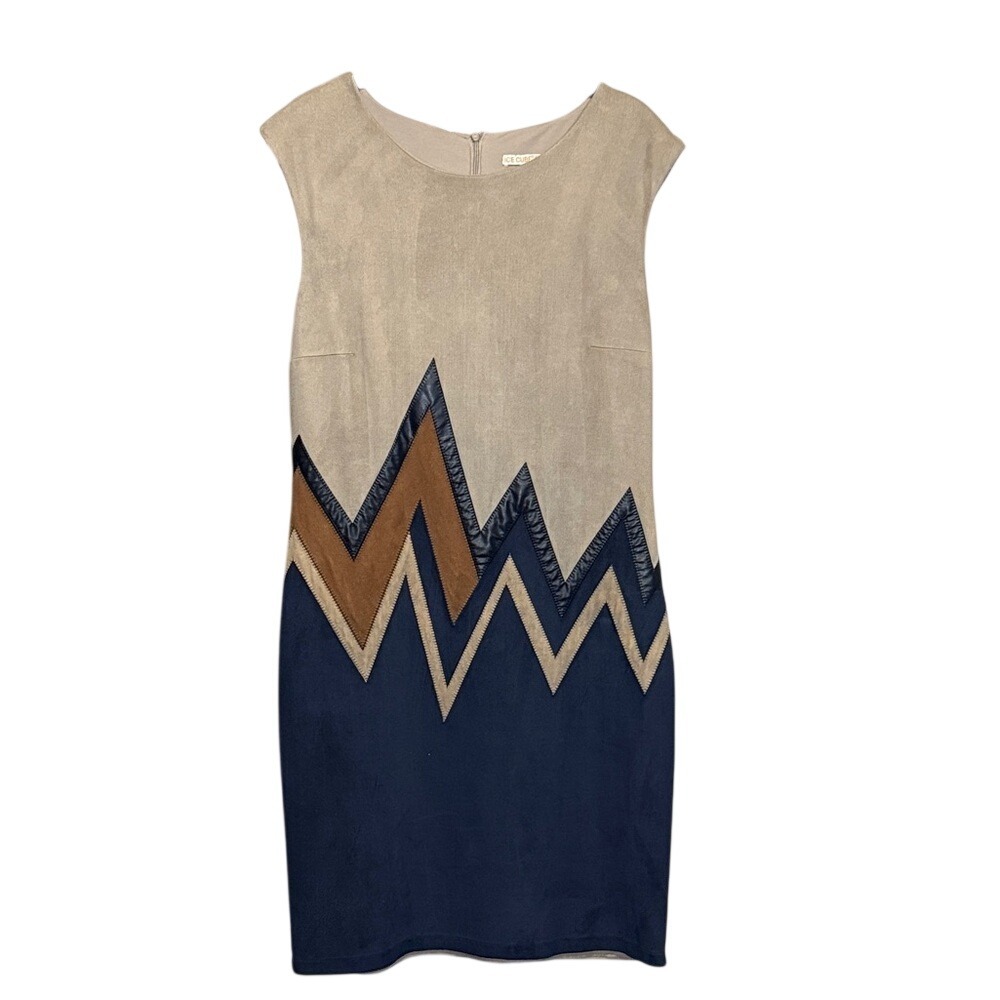 Ice Cube Women Tan Navy Brown Chevron Faux Suede Colorblock Shift Dress‎ EU 42